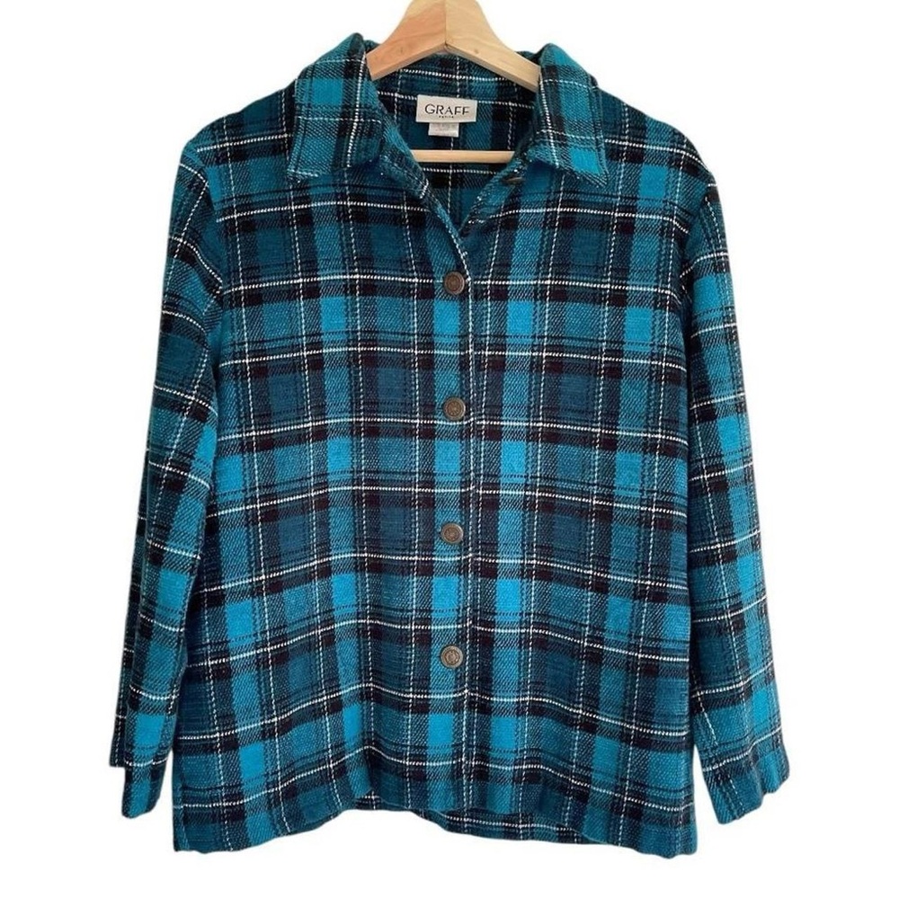 Vintage Graff Petite Turquoise Aqua Black Plaid Soft Acrylic Button Front Jacket